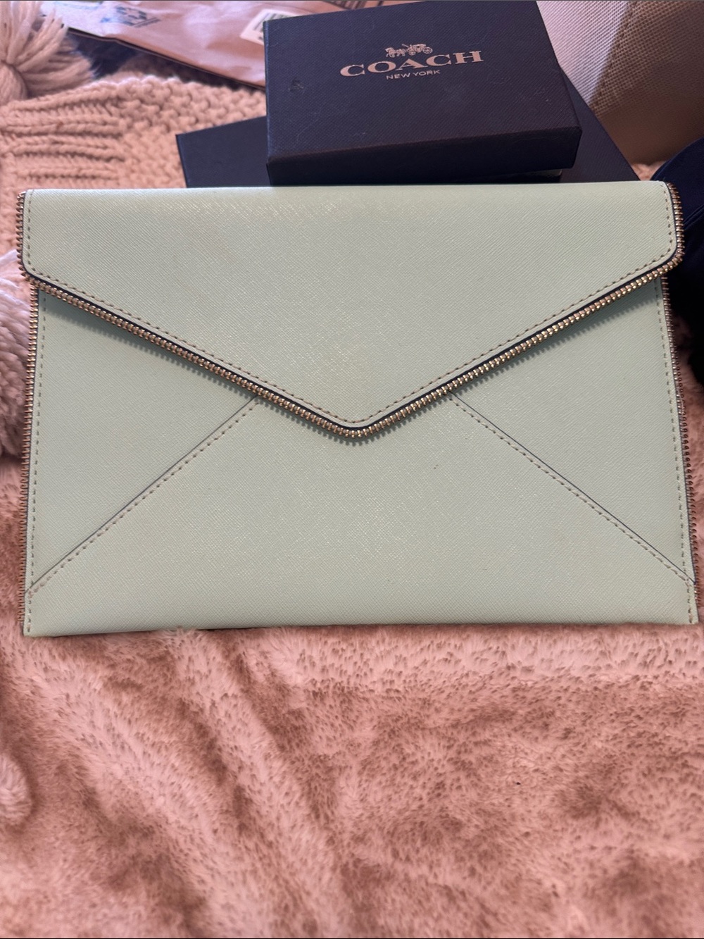 Rebecca Minkoff Mint Green Envelope Clutch with Zipper Trim